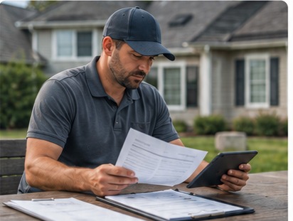 Roofing contractor reviewing claim paperwork